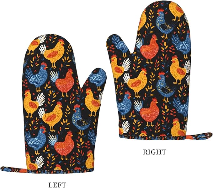 Chicken Silicone Oven Mitts Set of 2, Heat Resistant up to 500°F, Kitchen Oven Gloves with Non-Slip Grip and Soft Cotton Lining for Baking, Cooking and BBQ