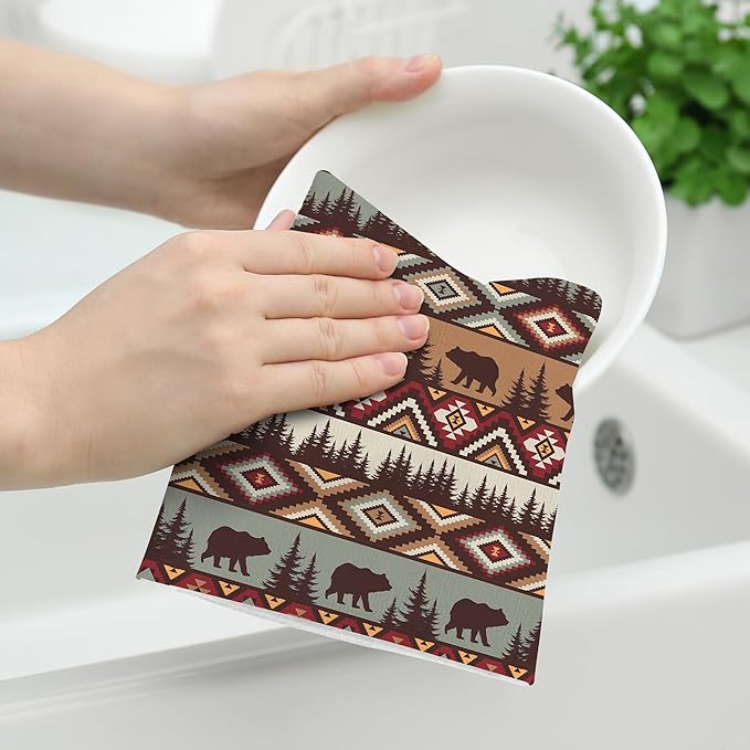 Vintage Rustic Dish Towels for Kitchen Drying Set of 2, Soft Absorbent Bear Mountain Kitchen Towels Brown Tea Towel, Country Cabin Decor Hand Towel for Farmhouse Home Decorations 16x24 Inch