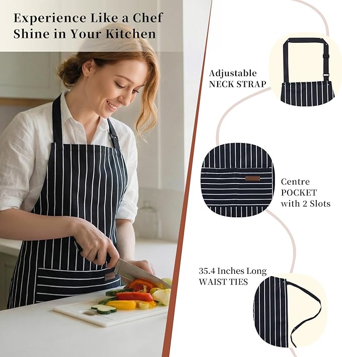 2 Pack Cooking Aprons Adjustable Bib Apron for Women with 2 Pockets, Kitchen Restaurant Men Chefs Aprons