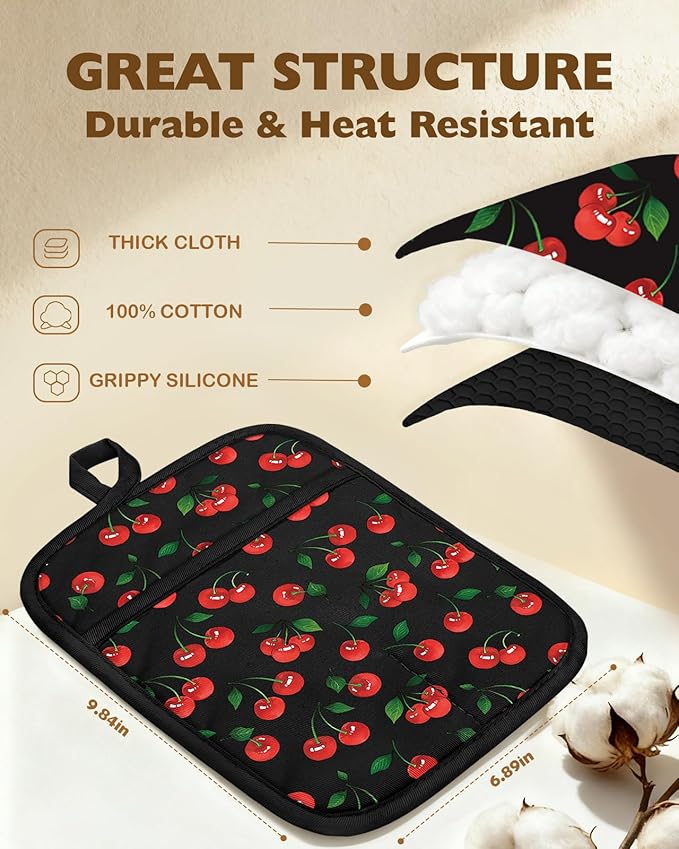 Slohif Silcone Cherry Pot Holders for Kitchen - 100% Cotton Black Cute Oven Potholders with Pockets, Heat Resistant Square Thick Hot Pads, House New Home Baking Baker Gifts,2pack