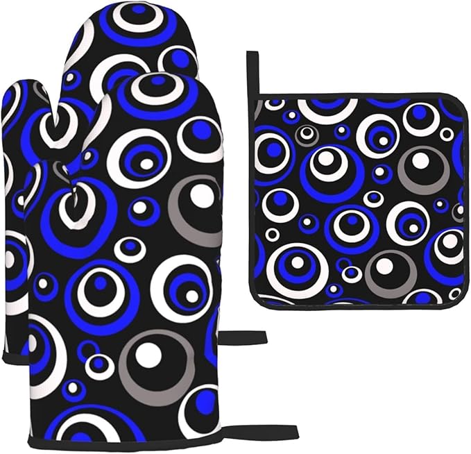 3 - Piece Blue Black White Retro Circular Oven Mitts & Pot Holders Sets, Modern Abstract Art Blue Oven Gloves Heat Resistant for Home Cooking Baking, Cooking, Kitchen Decor & Gift for Culinary Women
