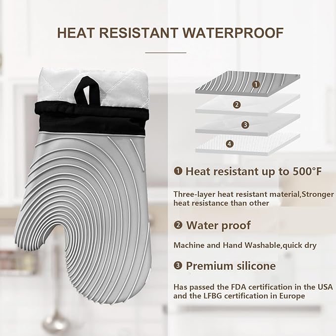 Silicone Oven Mitts-13.6 in Extended Oven Mitts Heat Resistant 500F, Oven Gloves with Soft Liner Good Grippy BPA-Free Easy to Clean Flexible-Oven Mits Set for Cooking Baking Grilling BBQ