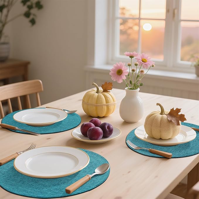 homing 15 Inch Round Cloth Placemats Set of 6, Cotton Linen Blend Washable Table Mats, Farmhouse Dining Place Mats for Indoors & Outdoors, Easy to Clean, Teal