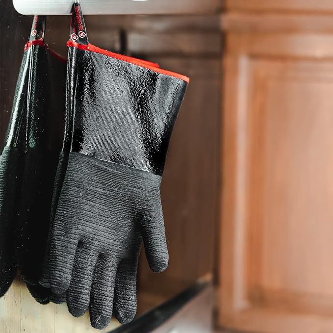 BBQ Gloves - Waterproof and Extreme Heat Resistant up to 932°F - Food-Grade Neoprene Rubber Mitts for Cooking, Grill, Grilling, Oven, Baking, Fire Pit - Non-Slip Grip, Cotton Lining and 14” Sleeve