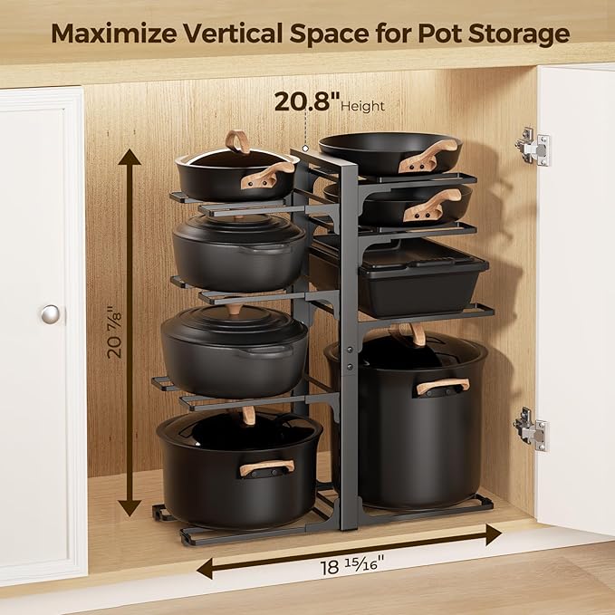 LAMU Pots and Pans Organizer under Cabinet 20.8" Height, 8 Tier Heavy Duty Pan Organizers inside Cabinet with Adjustable Pot Rack, Holds up to 120 LB for Stockpots Dutch Ovens and Cast Iron Cookware