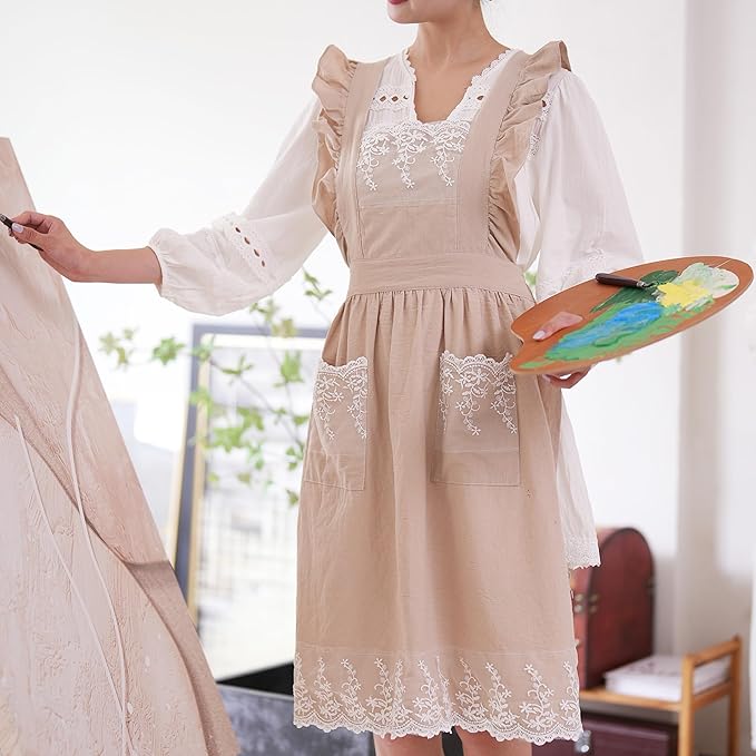 Aoomzoon Vintage Aprons for Women with Pockets Cute Lace Ruffle Adjustable Apron for Cooking Kitchen Baking Gardening