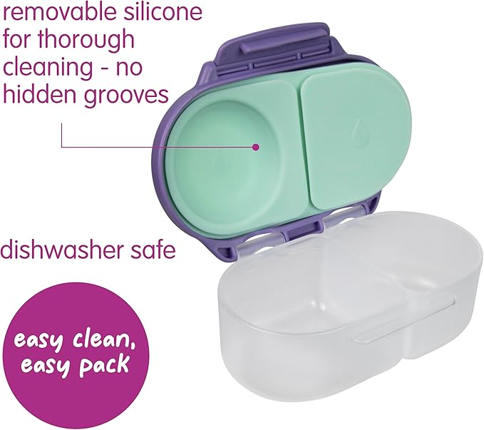 b.box Snack Box 2-Pack - Leak Proof Mini Bento Box for Kids & Toddlers, 2 Compartment Snack Containers for Kids, Dishwasher Safe, BPA-Free, PFAS-Free, Ages 4mo+, 1 3/4 Cup Each (Strawberry + Lilac)