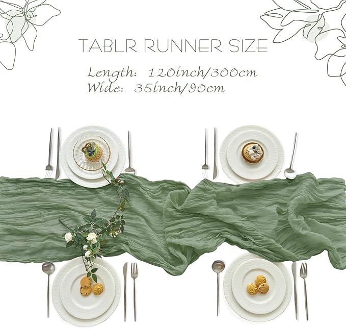IVAPUPU 6 Pcs Cheesecloth Table Runner - 10ft Sage Green Spring Boho Gauze Cheese Cloth Table Runners for Baby Shower Decorations Wedding Party Garden Farmhouse