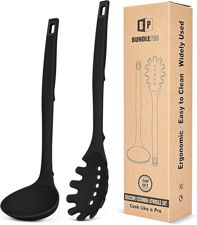 Silicone Pasta Fork and Soup Ladle Set, Heat Resistant Non Stick Kitchen Utensils with Back Hooks, Suitable for Cooking, Stirring, Serving Spaghetti, Soup, Sauce (BLACK)