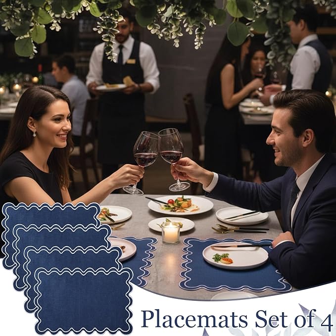 Set of 4 Cotton Linen Placemats, 13x19 Inch Scalloped Wavy Embroidery Placemat Double Layered Washable Rustic Rectangle Dinner Table Mats for Kitchen Wedding Home Party Decor(Navy Blue)