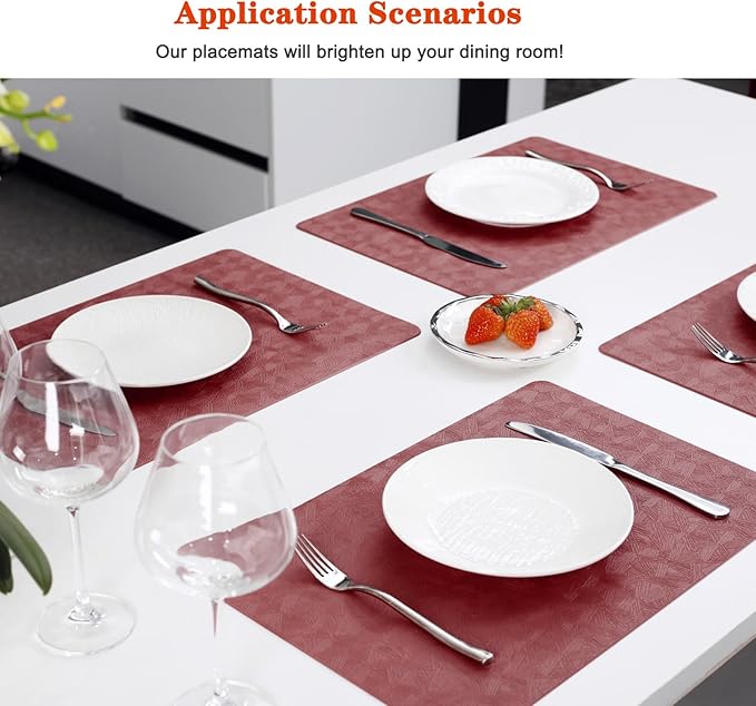 Vinyl Placemats Set of 12 Heat Resistant Easy Clean Non-Slip Place Mats for Dining Table Faux Leather Waterproof Stain Resistant Wipeable Washable PVC Table Mats(12, Red)
