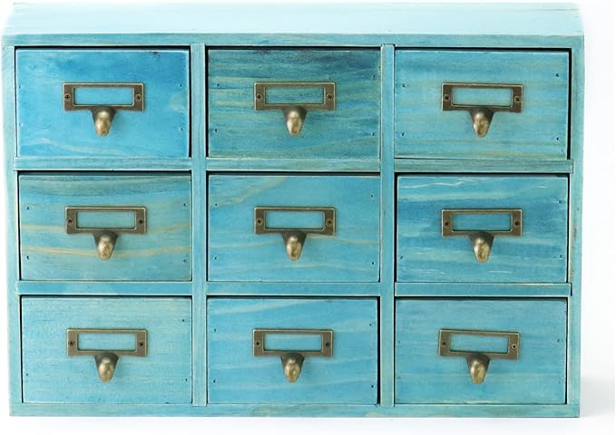 QWORK Desk Drawer Organizer, Wooden Vintage Apothecary Cabinet with 9 Drawers, Home Office & Tea & Dresser Bedroom Organization and Storage, Traditional Apothecary Cabinet, Blue