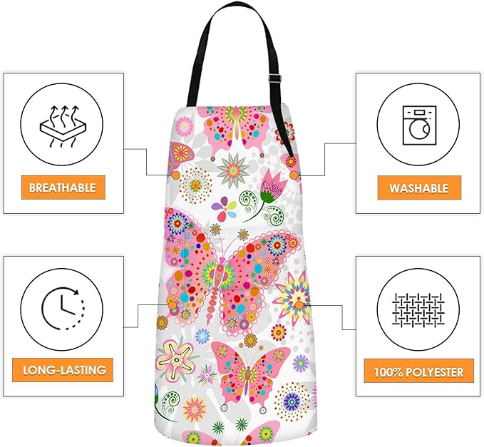 Britimes Butterfly Apron Floral Colorful Butterflies Flowers Aprons Kitchen Cooking Gardening for Women With Pockets