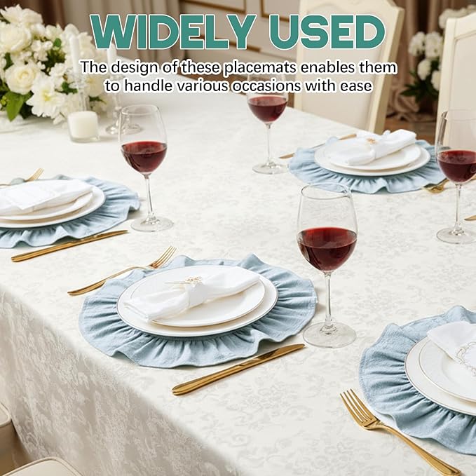 4 Pcs 15 Inch 100% Cotton Scalloped Round Placemats, Thin Light Blue Place Mats with Ruffle, Washable Placemats Table Mats for Kitchen Dining Holiday Gatherings Decor