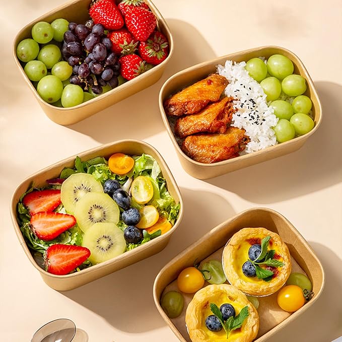 DI QIU REN 50-Pack 25oz Paper Bowls, Disposable Food Containers with Lids and Forks, Cardboard Meal Prep Containers for Diet Salad, Pasta (kraft Paper Rectangular, 25oz 50 Count)