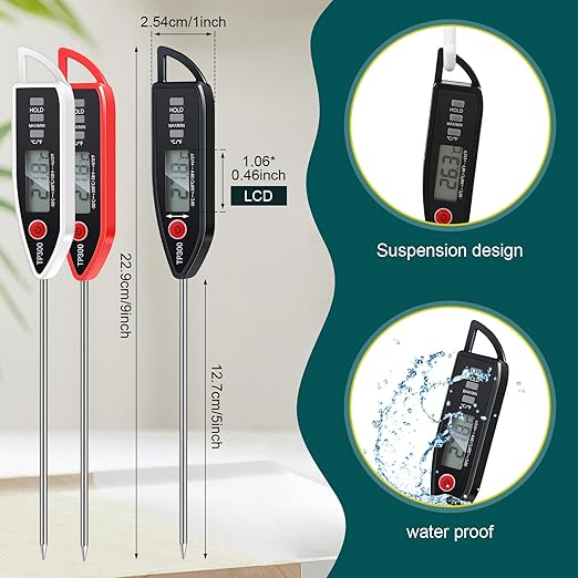 Copkim 3 Pcs Instant Read Meat Thermometer with Long Probe 9.65 Inch Kitchen Cooking Food Candy Waterproof Digital Thermometer for BBQ Water Milk Yogurt Liquid (Pointed,Black,White,Red)