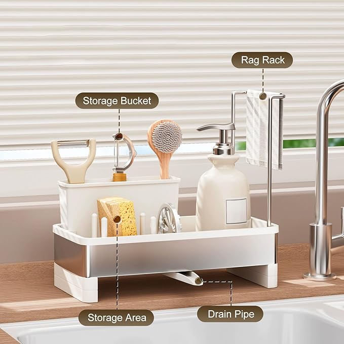 Sink Caddy, Stainless Steel Sink Caddy with Brush Holder, Kitchen Sink Caddy Dishcloth Rack and Holds Soap Dispenser, Sink Organizer Auto-Drain Rustproof Countertop Organizer (White)