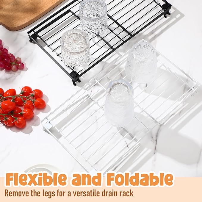 4 Pack Black and White Stackable Metal Kitchen Storage Shelf Foldable Racks, Pantry Shelf Cabinet Organizers, Expandable Storage Rack for Cabinet Fridge Bathroom (Metal)