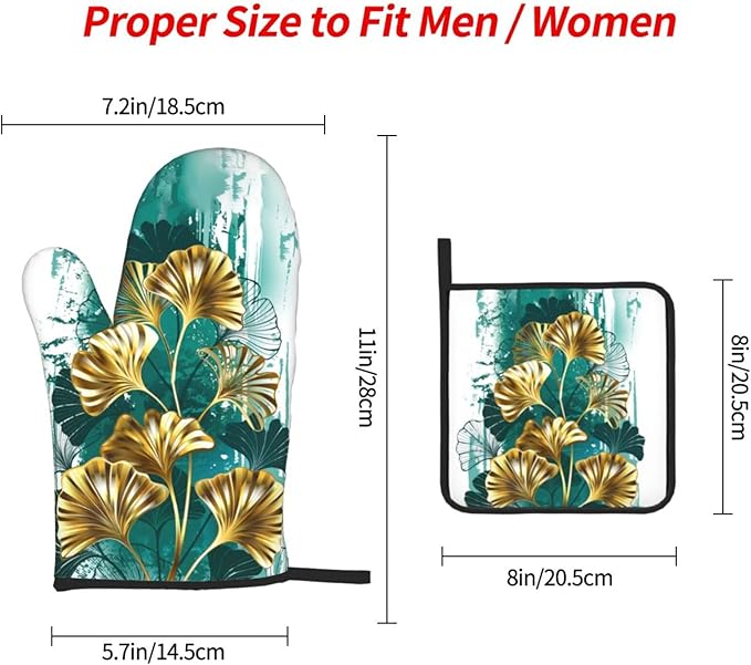 Teal Gold Green Leaves Oven Mitts and Pot Holders Set Heat Resistant Non Slip Set of 3 Decorative Kitchen Gloves Hot Pads for Cooking BBQ Baking Grilling