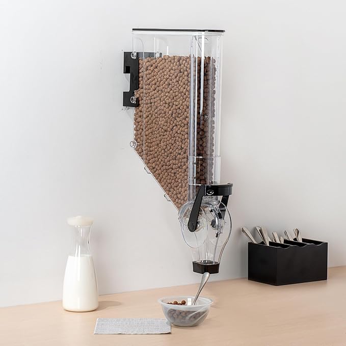 Restaurantware Cereal Dispenser 3 gal Plastic Wall-Mounted Gravity Bin Candy Dispenser Self-Serve Black Dry Food with Wall Mount Brackets for Breakfast Buffet or Hotel Use