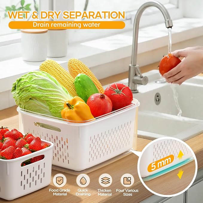 6 PCS Fruit Storage Containers for Fridge with 6 Removable Colanders, BPA Free Food Storage Containers, Dishwasher & Microwave Safe Produce Containers Keep Fruits, Vegetables, Berry, Meat Fresh Longer