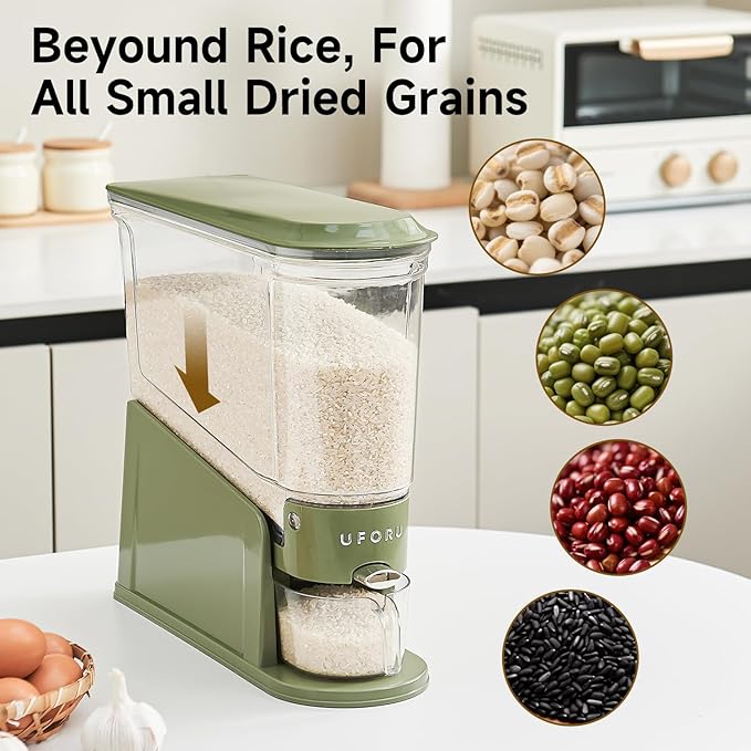 Rice Dispenser, Slim Rice Storage Container for Small Space, BPA-Free Clear Dry Food Dispenser Sealed Moisture Proof, Grain Storage Bucket for Kitchen Pantry Household (Green11Lbs)