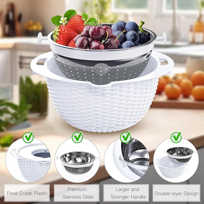 4-1 Strainer with Bowl Set - Rotatable Colander for Kitchen(Patented) - Strainers and Colanders - Pasta Strainer with New Upgraded Graters for Fruit Veggie Fun Kitchen Presents - White