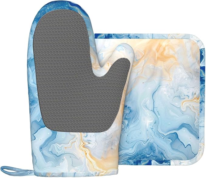 Oven Mitts and Pot Holders Blue Marble Pastel Silicone Kitchen Accessories Set of 2 Heat Resistant Long Gloves Potholder Non-Slip Grip for Chef Cooking Baking Grilling BBQ