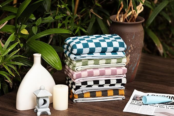 Madi-Cadi Hand Towels 5 Pack - Cotton Face Towels Soft, Absorbent, and Decorative Checkered Design for Bathroom, Kitchen, Gym, and Spa - 13 x 29 Inches for Any Occasion