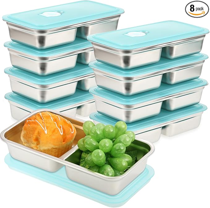 YEXEXINM 8 Pcs 30 oz Bento Boxes, 2 Compartments 304 Stainless Steel Food Storage Containers Snack Boxes with Leakproof Lids, Divided Meal Prep Lunch Box Food Container Dishwasher Safe