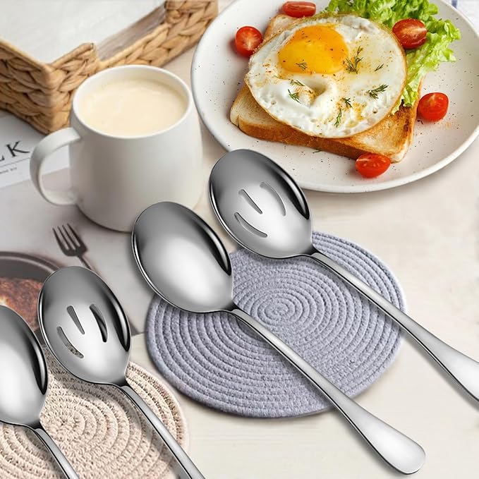 Stainless Steel Serving Spoons Set, 8pc, 10-Inch, Includes 4 Large, 4 Slotted, for Parties/Kitchen/Buffet/Catering, Dishwasher Safe