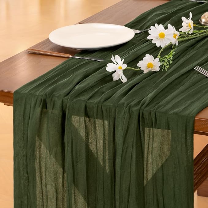 Socomi 3pcs Olive Green Spring Cheesecloth Table Runner Boho Rustic Gauze 120 inch 10FT Cheese Cloth Runner for Wedding Party Baby Shower Birthday Home Decor