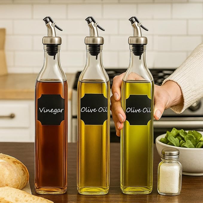 WERTIOO Olive Oil Dispenser Bottle, 3Pack 17 OZ 500ml Glass Oil Dispenser for Kitchen with 3 Pourer,1 Stainless Steel Funnel & 1 Pen and 8 Label for Kitchen