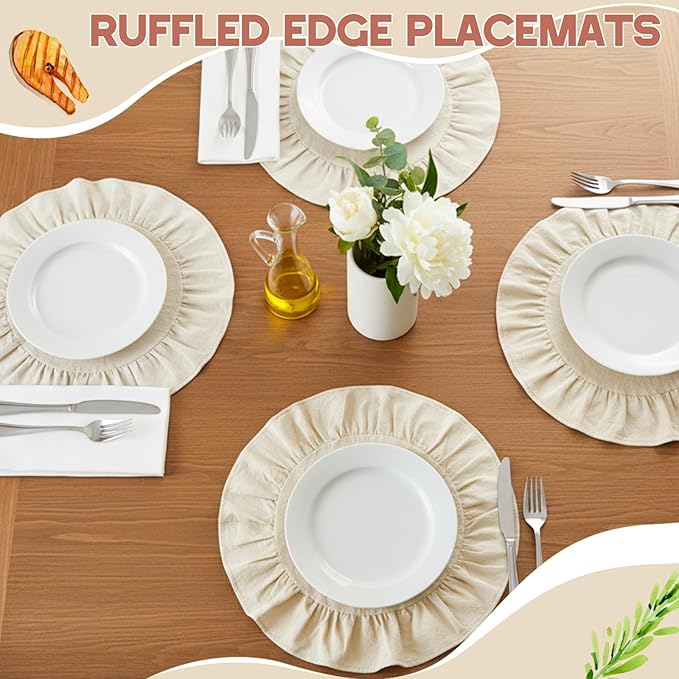 4 Pcs 15 Inch 100% Cotton Scalloped Round Placemats, Thin White Place Mats with Ruffle, Washable Placemats Table Mats for Kitchen Dining Holiday Gatherings Decor