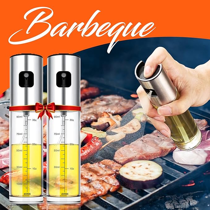 Oil Sprayer [100ml] Pack of 2, Stainless Steel Glass Bottle, Funnel + Clean Brush + Oil Brush added, Best Kitchen Gadgets for BBQ, Salad, Camping, Roasting, Air Fryer, Cooking