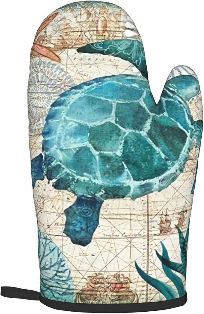 Blue Sea Turtle Oven Mitts & Pot Holders Sets Holiday Kitchen Decor Nautical Map Area Heat Resistant Non-Slip Potholders Set for Cooking Baking BBQ