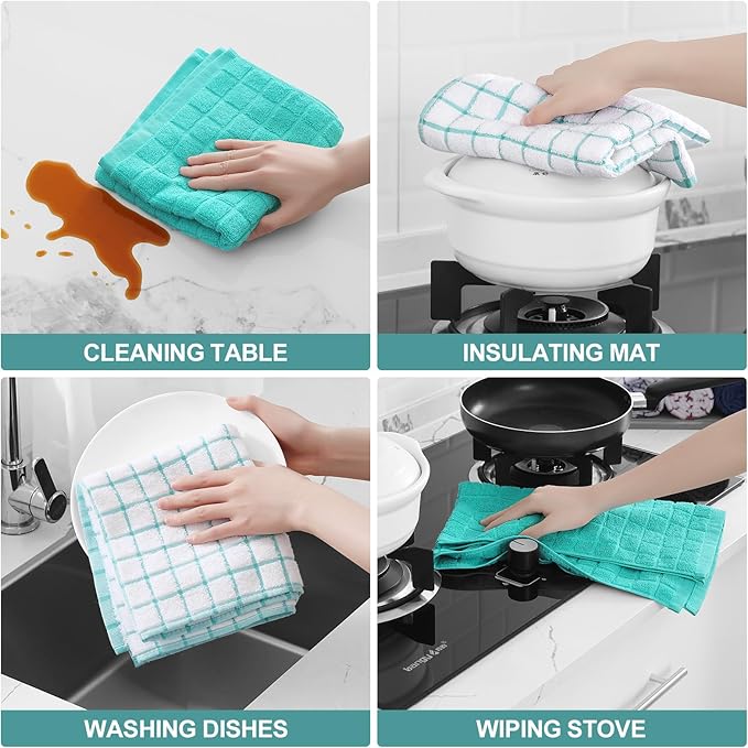 Homaxy Premium Cotton Kitchen Towels 16"x 28", Large Natural Ring Spun 390 GSM Dish Towels, Super Absorbent Terry Kitchen Hand Towels, Soft Tea Towels with Hanging Loop, Aqua Check Design, 8 Pack