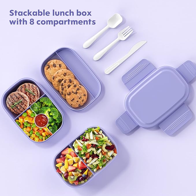 HOMETALL Stackable Bento Box for Adult Kids, Large Capacity 1900ml , Leak-Proof Lunchbox Containers with Utensil Set for Dining Out, Work, Picnic, School