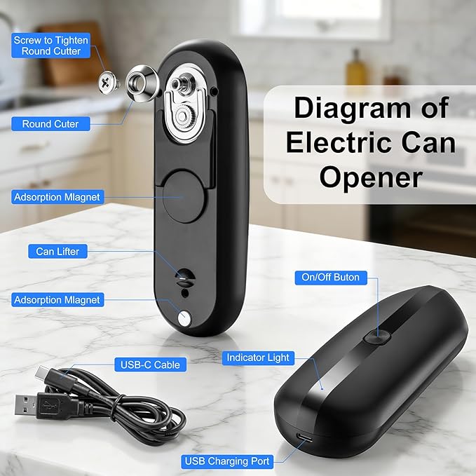 Electric Can Opener, Automatic Hands-Free Can Opener with Smooth Edge, One-Touch Operation USB Rechargeable, for Seniors, Arthritis Sufferers, Kitchen and Camping Use, Replaceable Blade (Black)