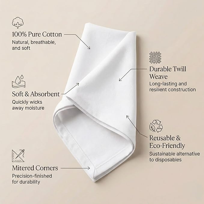 ACCENTHOME Accent Home 100% Cotton Napkins, Delicate Cloth Napkins for Dinners, Parties and Weddings，18 x 18 Inch Set of 12 - White