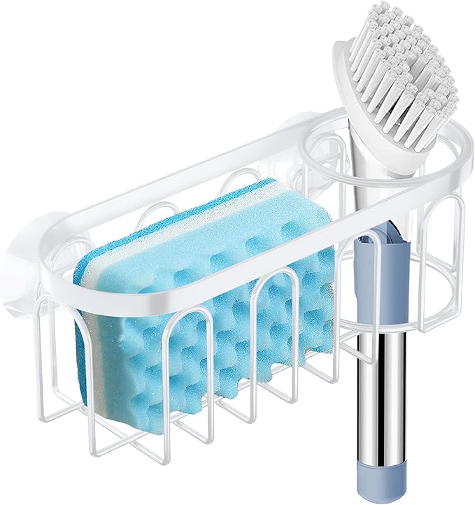 Yazoni 2-in-1 Sponge Holder for Kitchen Sink, Sink Caddy Kitchen Sink Organizer with 3 Suction Cups, No Drill Rustproof Sink Sponge Holder for Dish Brush, Soap & Sponge (White)