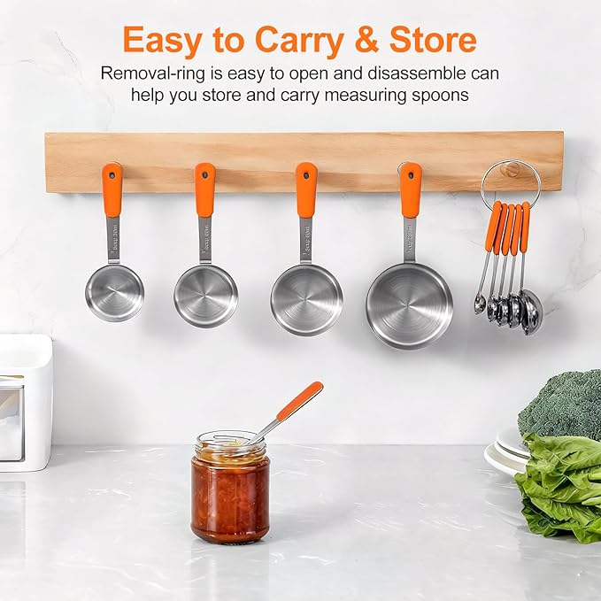 Bopei Measuring Cups and Spoons Set Stainless Steel 10 Piece for Cooking and Baking (5 Cups + 5 Spoons, Orange Handle)