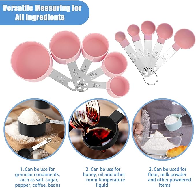 Measuring Cups and Spoons Set, 10-Piece Stackable Kitchen Tools with Stainless Steel Handles, Nesting Measurement Gadgets for Cooking & Baking (pink)