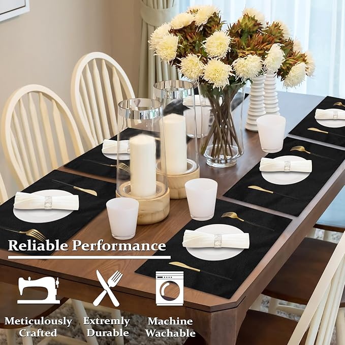 Cloth Placemats Set of 6, Cotton Linen Blend Machine Washable Double Layered Place Mats, Heat Resistant Placemats Wrinkle Free Thick Fabric Dining Table Mats for Indoors & Outdoors (Black, 6)