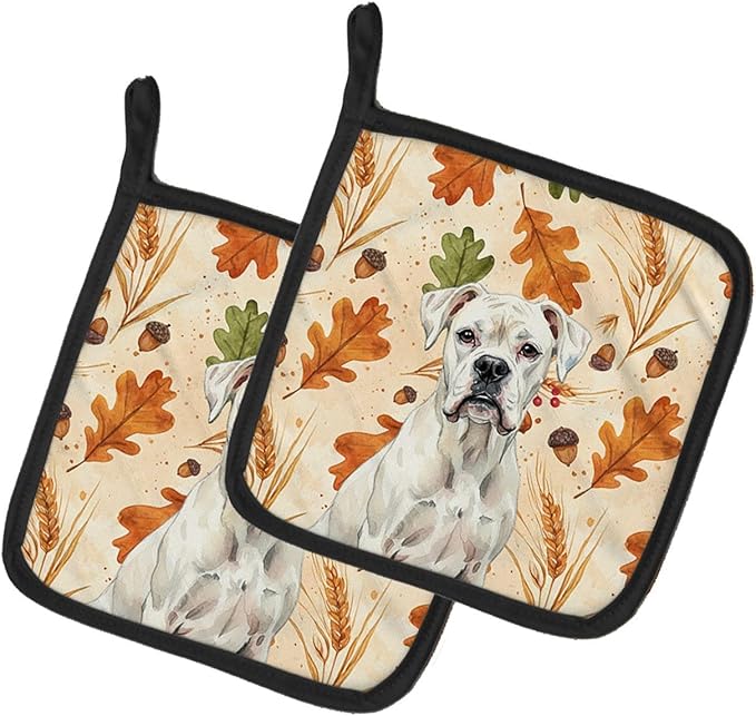 Caroline's Treasures White Boxer Heirloom Fall Pair of Pot Holders Pair 7.5x7.5 Quilted Insulated Hot Pads Decorative Kitchen Gift Made in USA