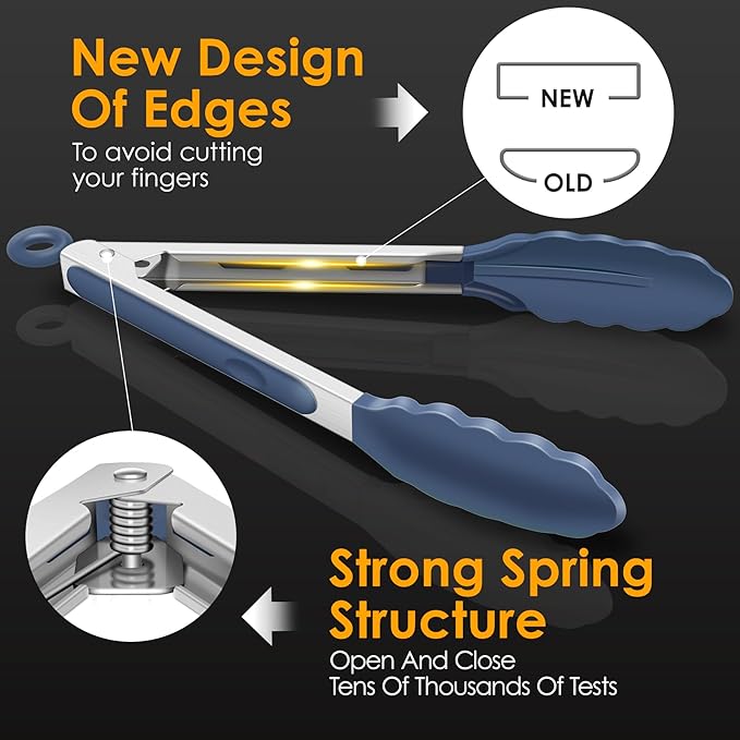 HOTEC Premium Stainless Steel Locking Kitchen Tongs with Silicon Tips, Set of 3-7", 9" and 12" (Dusty Blue)