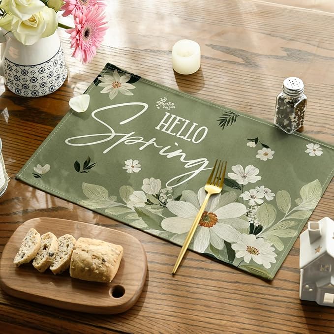 Artoid Mode Olive Green Hello Spring Daisy Flowers Spring Placemats Set of 4, 12x18 Inch Seasonal Holiday Table Mats for Party Kitchen Dining Decoration