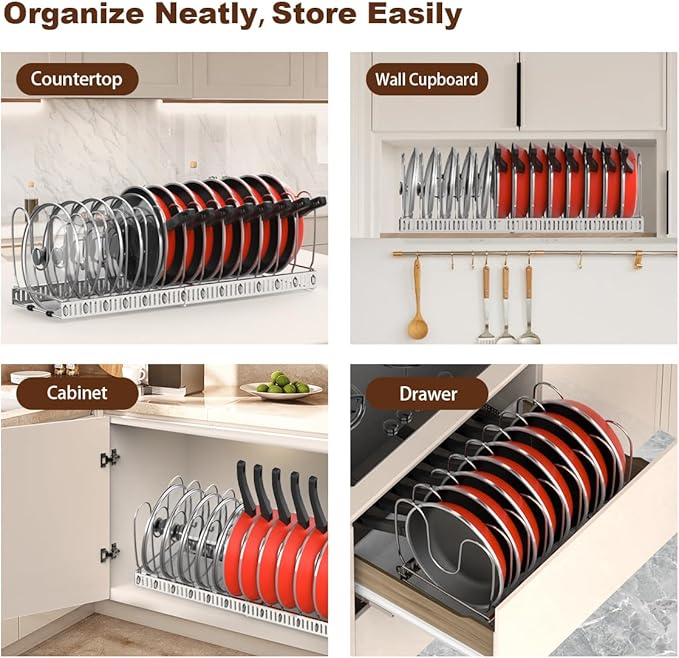 Housolution 2 Pack Pot and Pan Organizer with 14 Adjustable Dividers, 12"-23" Expandable Food Container Lid organizer Compatible with Tupperware, Pan Lid Holder Storage Rack for Cabinet, Silver