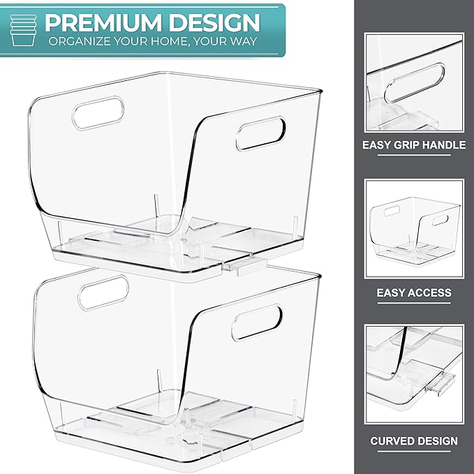 Sorbus Stackable Storage Bins Open Front, Clear Stackable Storage Bins, Pantry Bins for Storage and Organization, Acrylic Stackable Bins for Kitchen, Clear Pantry Organizer Bins (Medium Square 6 Pack)