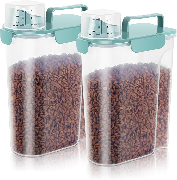LEAWALK 5-7Lbs Dog Cat Food Storage Container with Upgraded Large Nozzle BPA-free, 4 Snap Seals Plastic Pet Food Storage Containers with Handles (Elegant Blue, 5L-2pack)